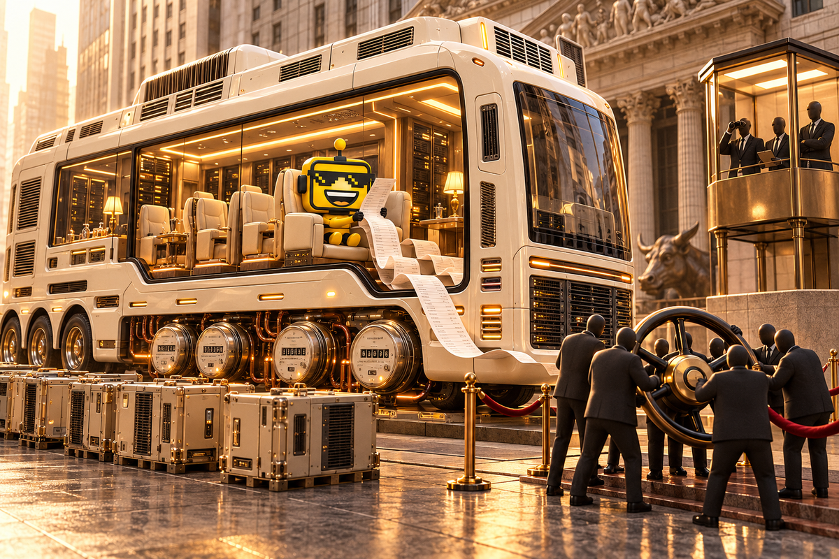 SiliconSnark robot holds a long invoice aboard an AI bus, separated from its steering wheel by a velvet rope.