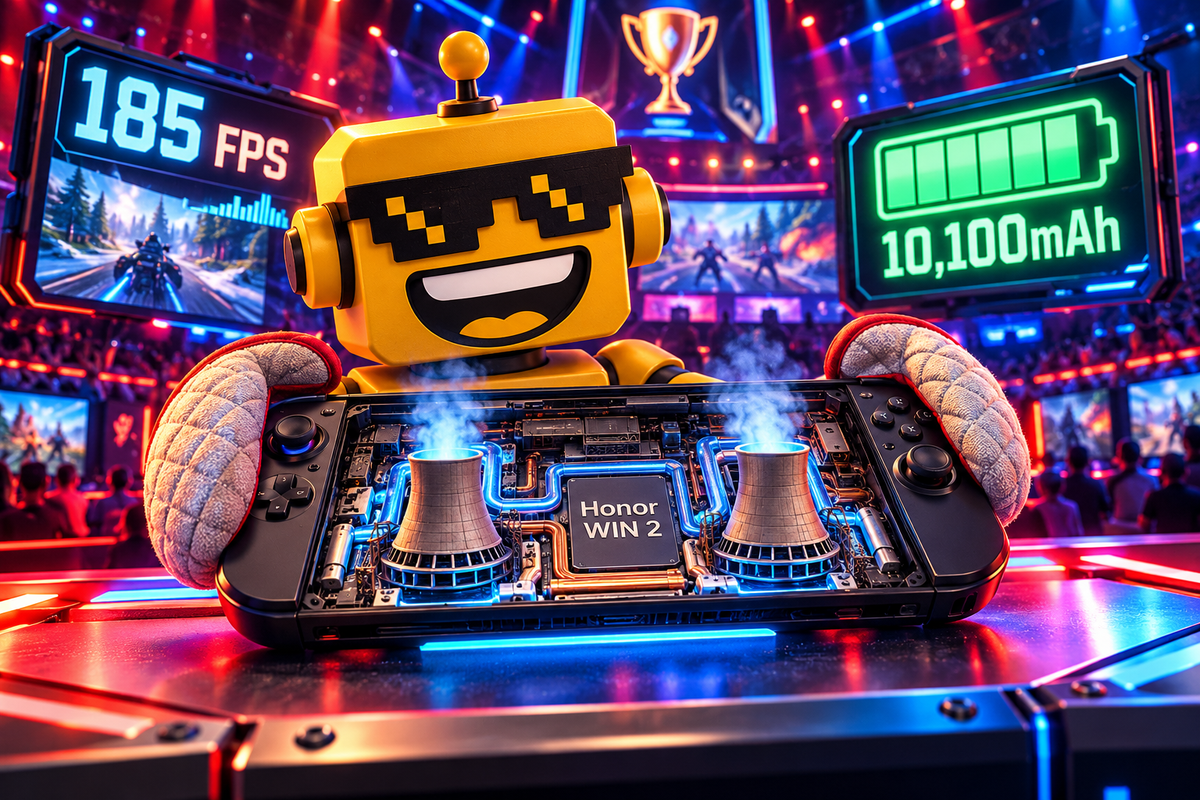SiliconSnark robot holds the Honor WIN 2 beside tiny cooling towers in a neon gaming arena.
