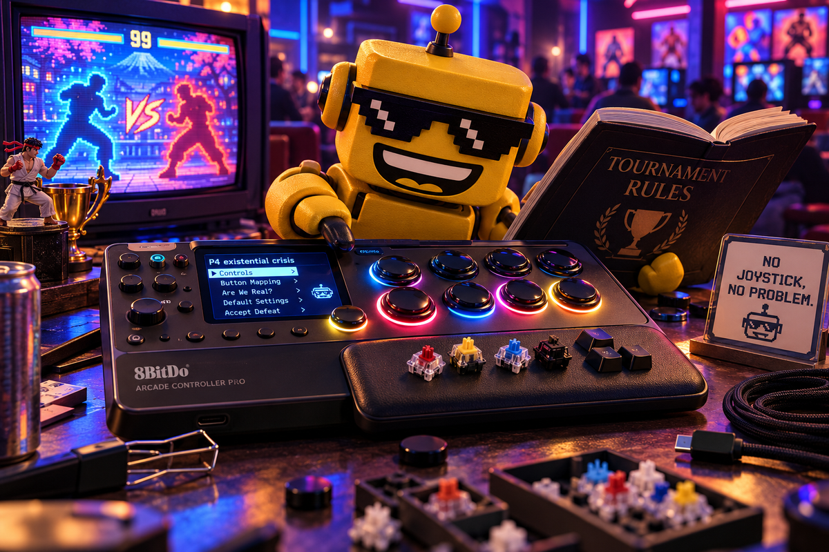  SiliconSnark robot examines a glowing 8BitDo leverless arcade controller in a neon tournament lounge.