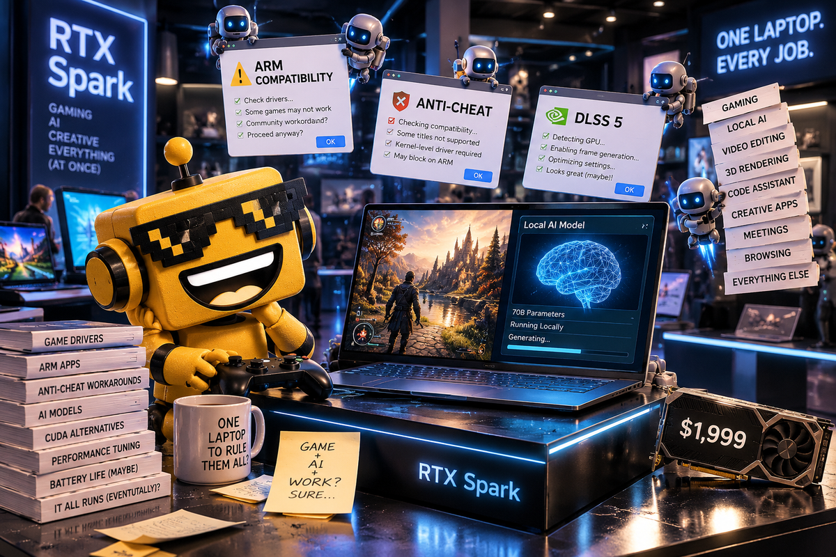 SiliconSnark robot tests an RTX Spark laptop surrounded by gaming, AI, and compatibility pop-ups.