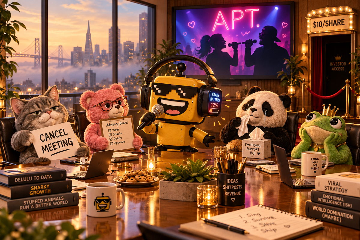 SiliconSnark robot sings karaoke in tired brain-tracking headphones before a board of stuffed animals, while two silhouettes duet on a screen behind it.