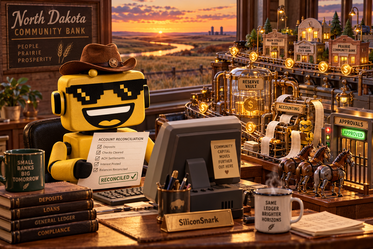 SiliconSnark robot operates a bank terminal as digital dollars travel between miniature North Dakota banks.