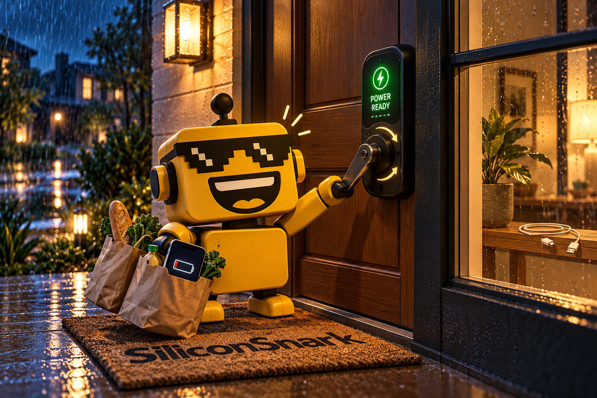  SiliconSnark’s robot hand-cranks a Ring Smart Lock on a rainy porch while carrying groceries.