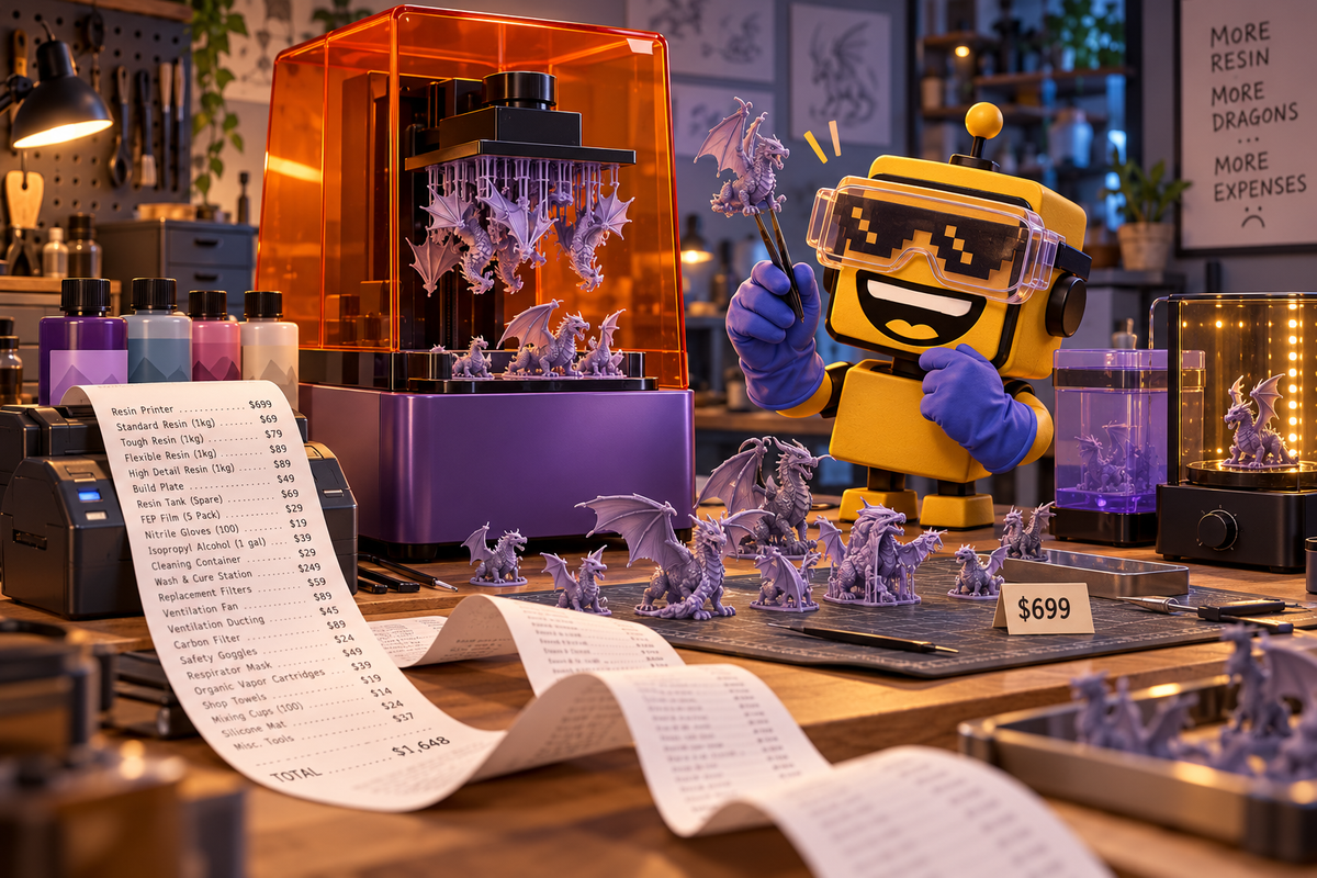 SiliconSnark robot handles a resin dragon beside a violet Form Studio 1 and a long accessory receipt.