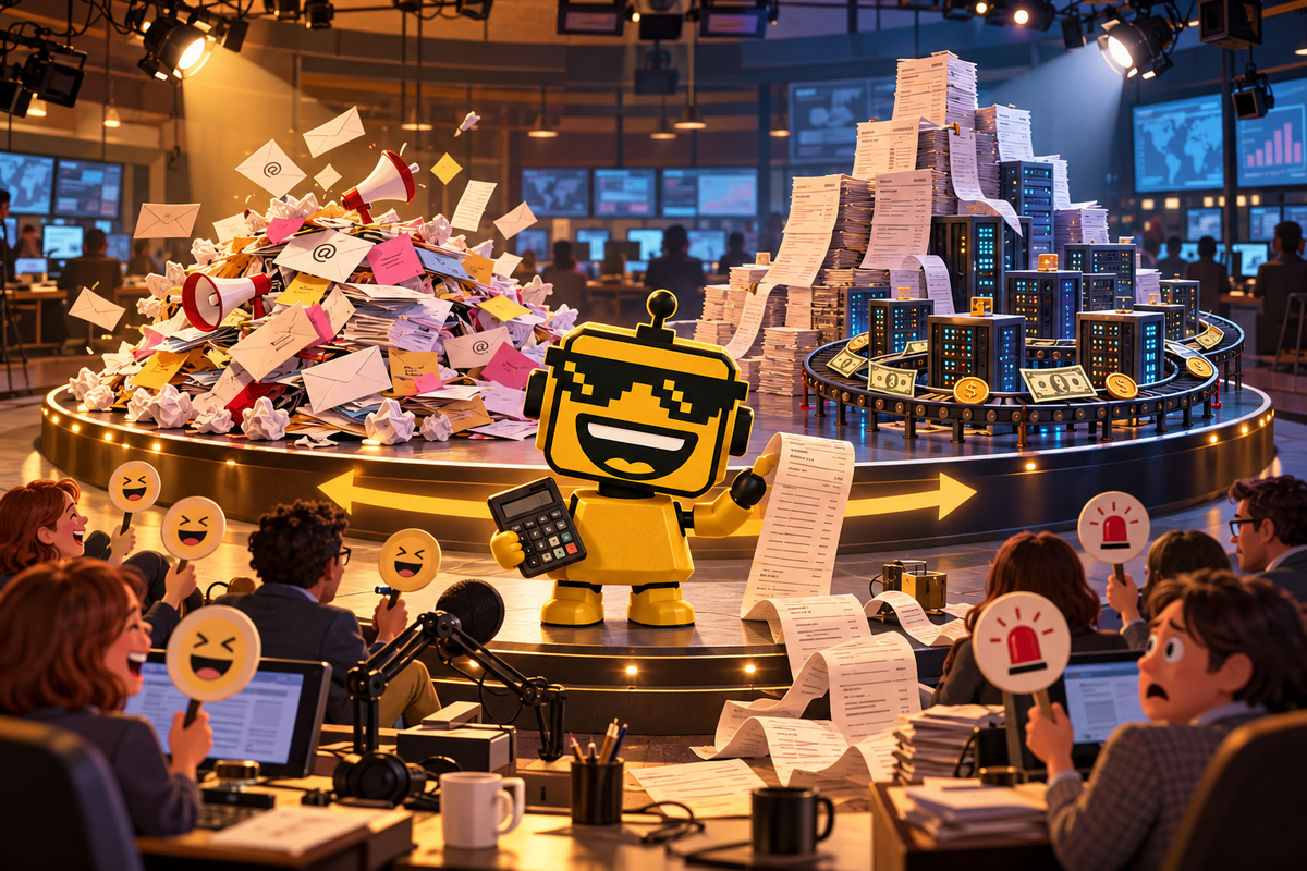 SiliconSnark robot checks AI invoices as a podcast spotlight turns from PR pitches toward journalists’ desks.