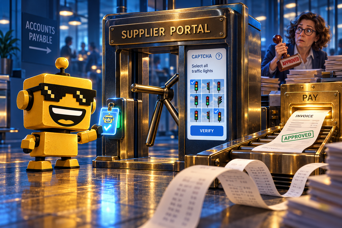 SiliconSnark robot presents a digital badge at a supplier payment portal beside an approved invoice.