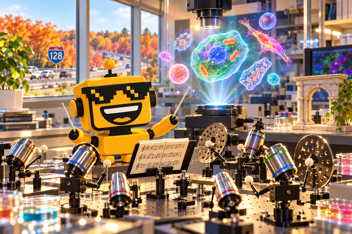SiliconSnark robot operates a microscope beside glowing cell images in a Needham laboratory.