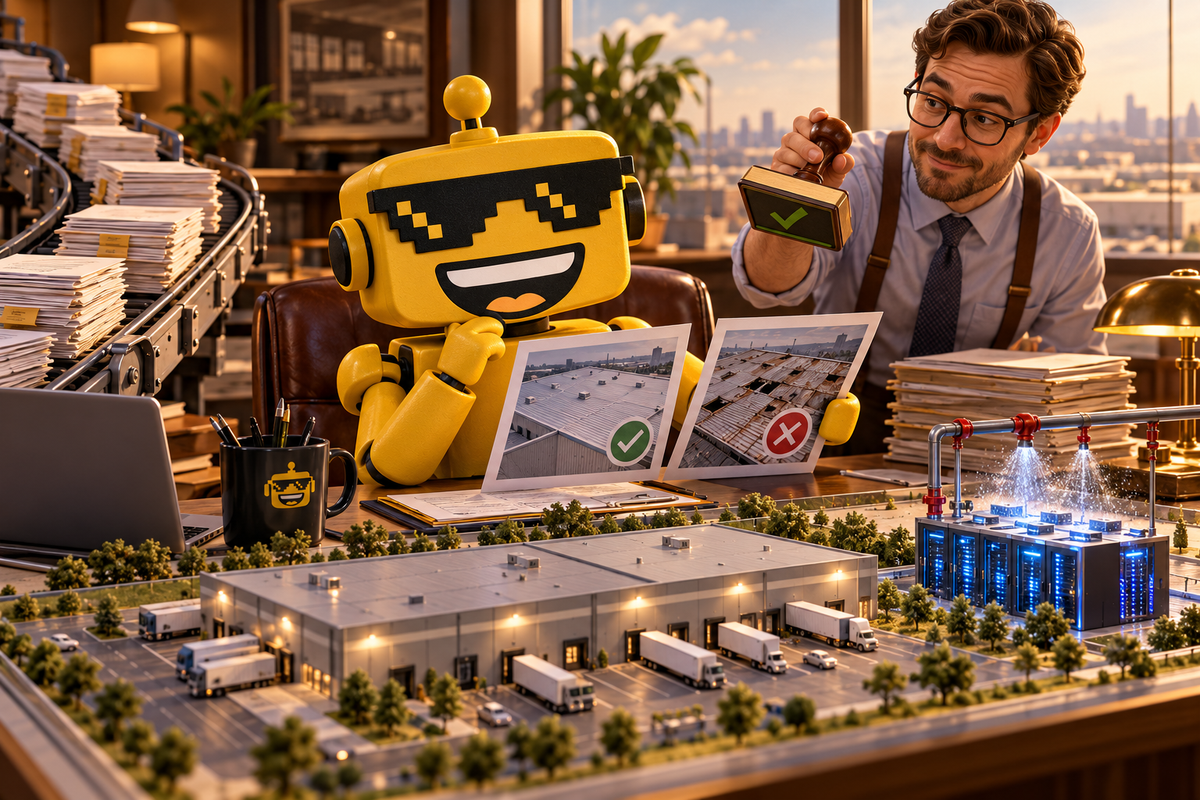 SiliconSnark robot checks conflicting insurance reports while an underwriter holds an approval stamp.