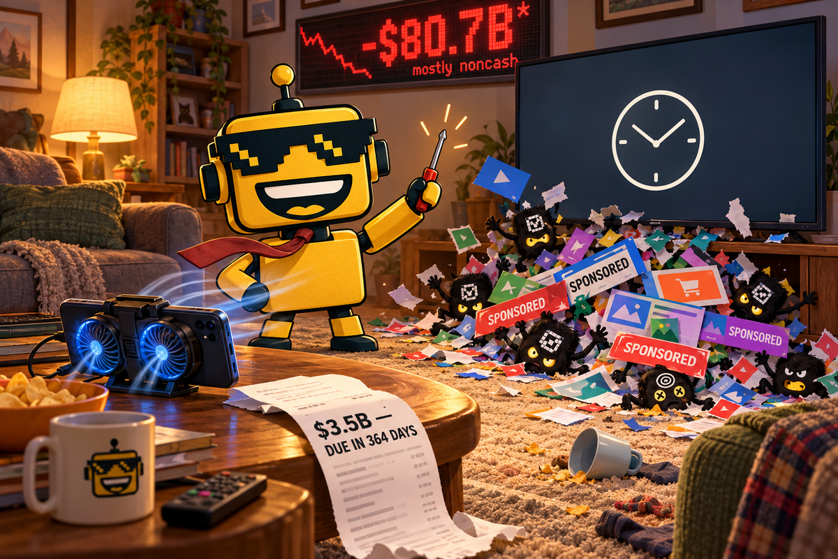 The SiliconSnark robot holds a screwdriver as ads spill out of a TV, while a phone with spinning fans blows its tie and a long bank receipt curls off the coffee table.