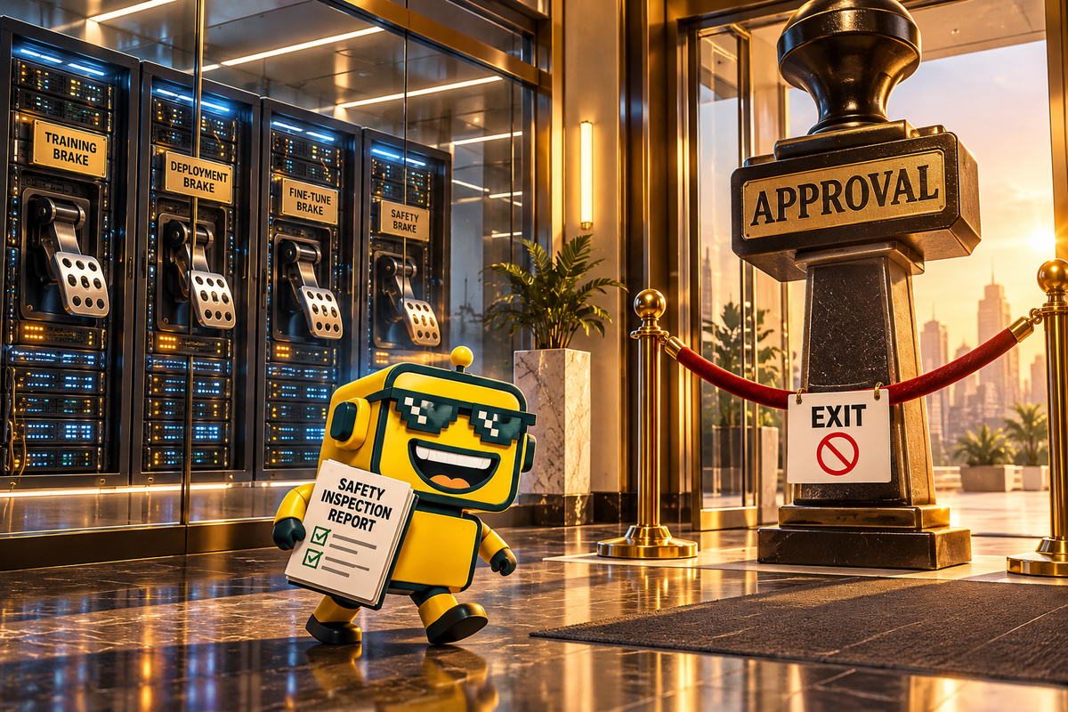 SiliconSnark robot tries to carry an AI safety report past a giant approval stamp blocking a laboratory exit.