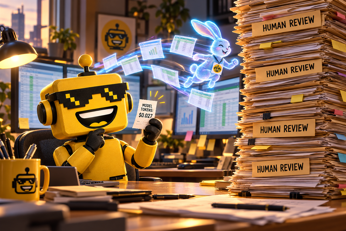 SiliconSnark robot compares a tiny AI token receipt with a towering stack of human-review folders.