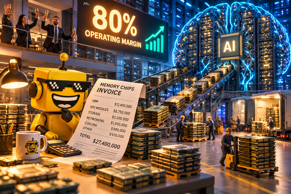 SiliconSnark robot checks a memory-chip invoice beneath an AI server’s operating-margin scoreboard.