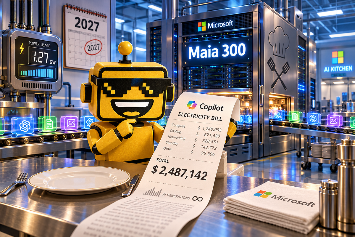 SiliconSnark robot checks an electricity receipt beside a Maia 300 rack styled as a restaurant kitchen.