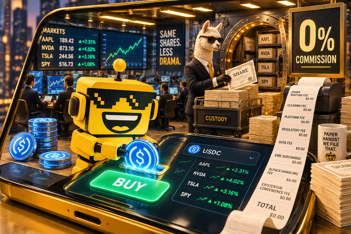 SiliconSnark robot buys stocks with digital coins while an alpaca broker files share certificates behind a screen.