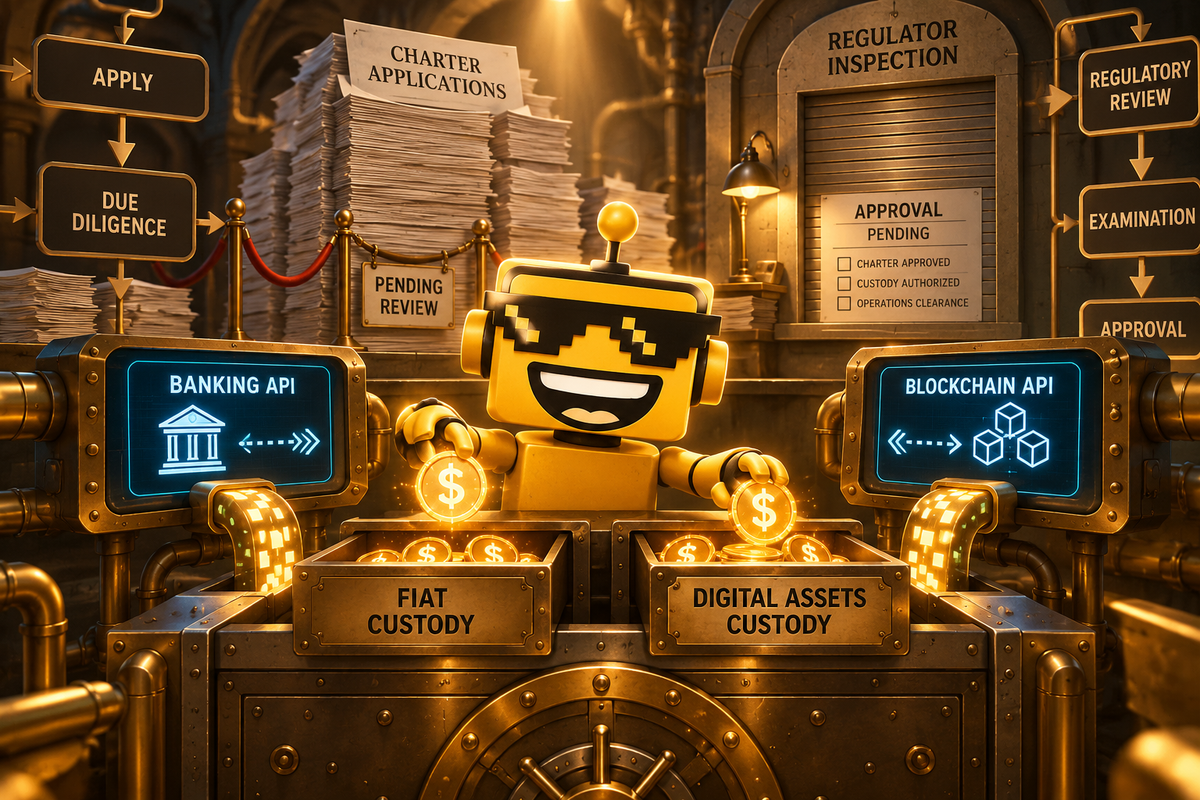 SiliconSnark robot stores digital dollar tokens in a vault beside a stack of bank charter applications.