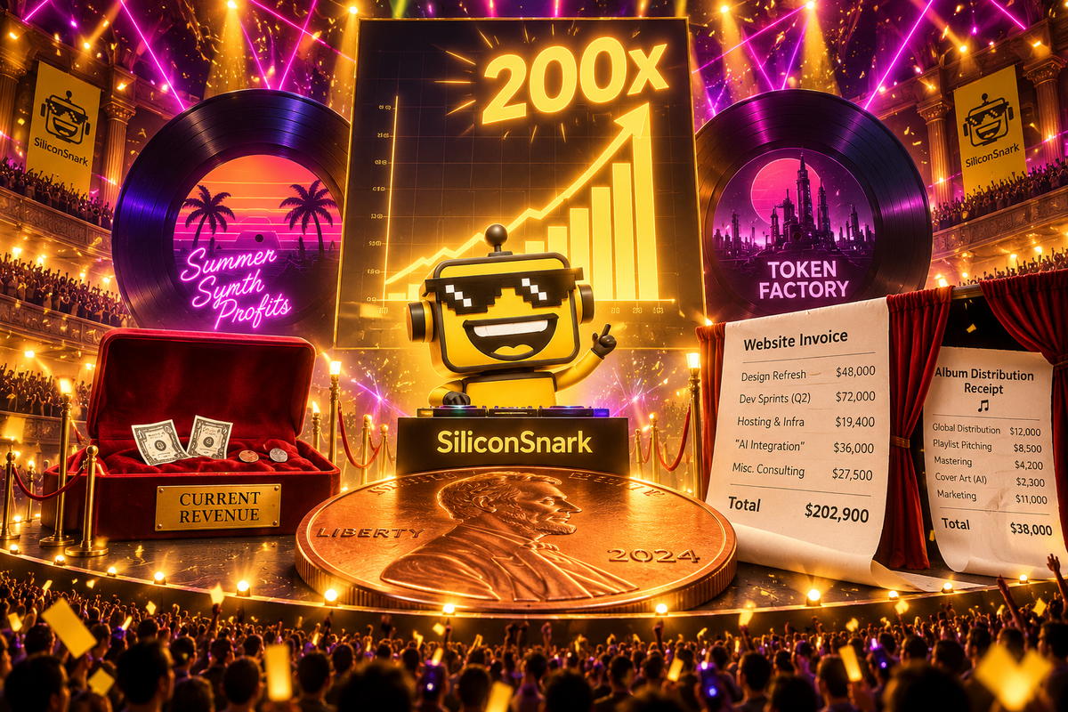 SiliconSnark’s yellow robot celebrates a 200x chart above a penny while large invoices spill from behind a curtain.