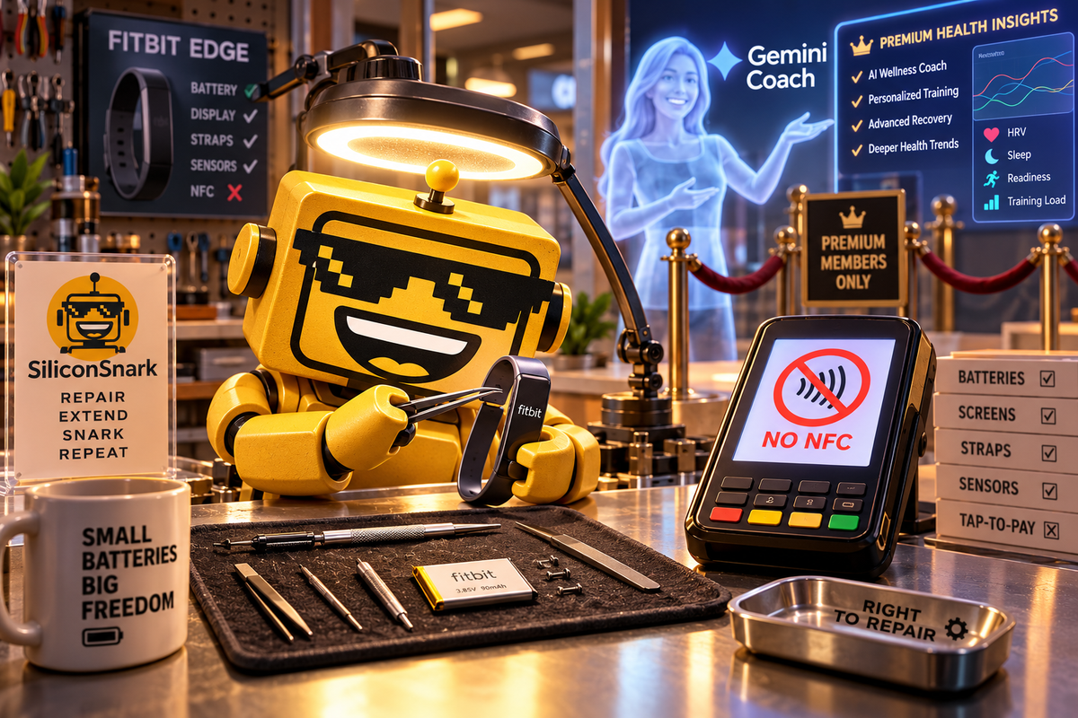 SiliconSnark’s robot repairs a Fitbit Edge beside a payment terminal showing no NFC.