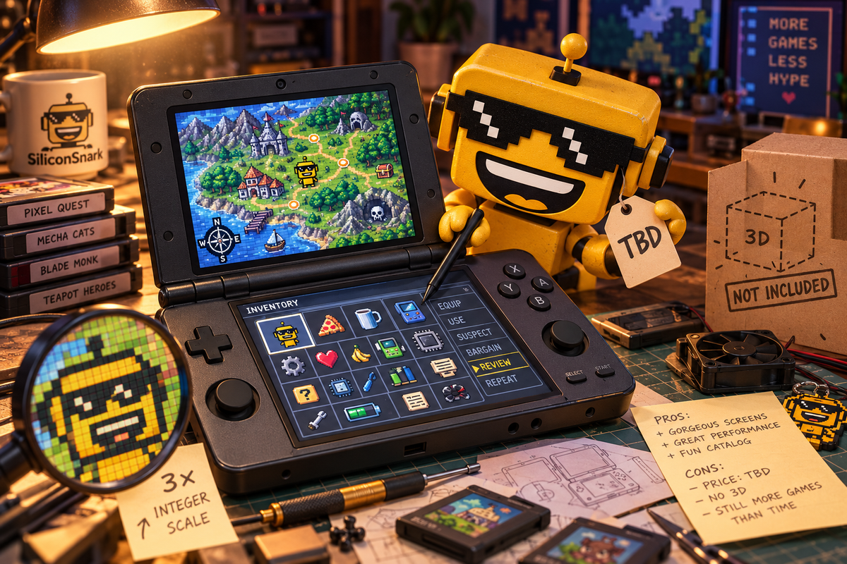 SiliconSnark robot examines an open dual-screen Anbernic RG DDS handheld with a “TBD” price tag.