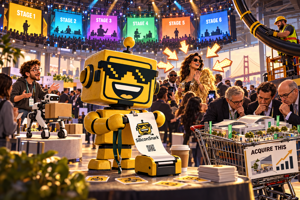 SiliconSnark’s yellow robot collects a badge amid startup demos, investors, and a convention hall in a shopping cart.