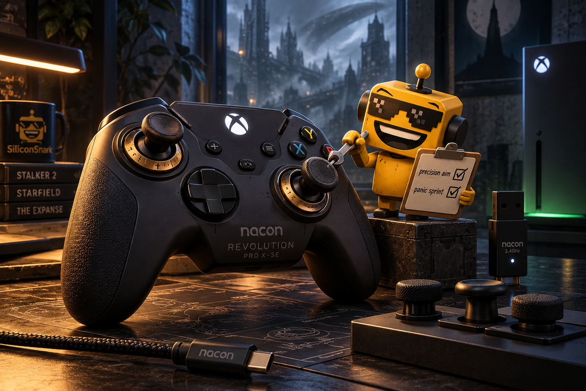 SiliconSnark robot adjusts the thumbstick tension ring on a NACON Revolution Pro X–SE controller in a minimalist gaming room.