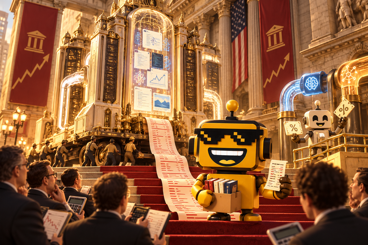 SiliconSnark’s yellow robot compares a box of books with a giant AI server and its long computing bill on Wall Street.