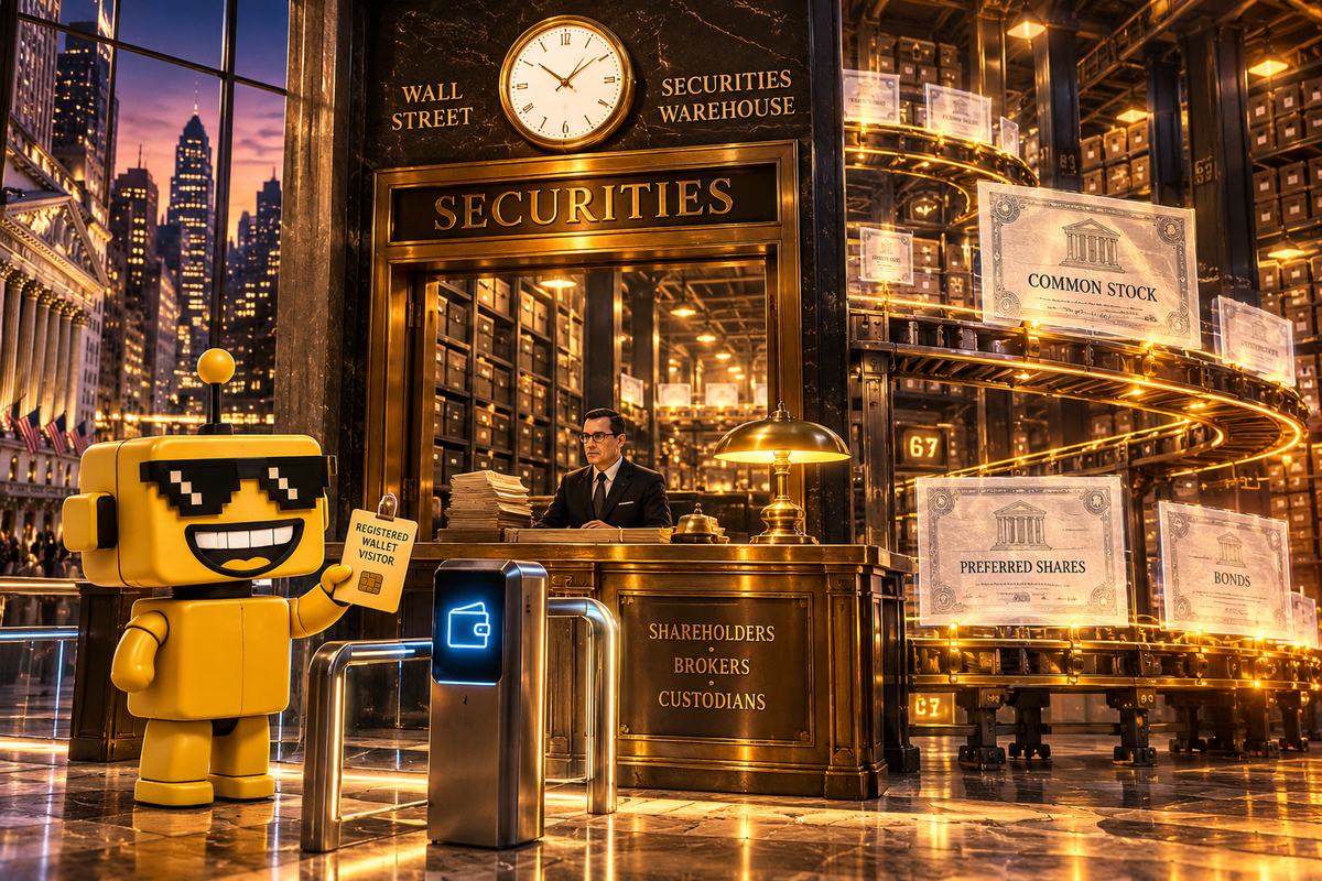 SiliconSnark robot presents a wallet badge at a securities warehouse with glowing blockchain conveyors.