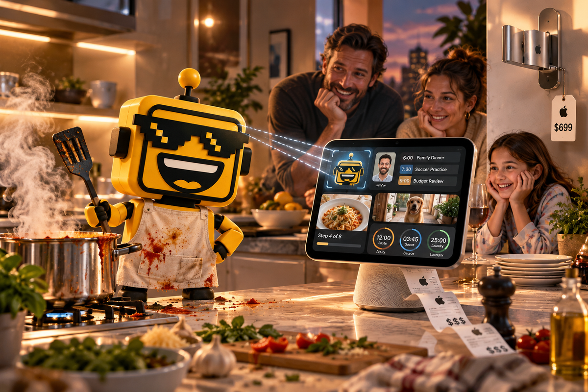 SiliconSnark’s robot cooks beside an Apple HomeView showing recipes, timers, calendars, and camera feeds.