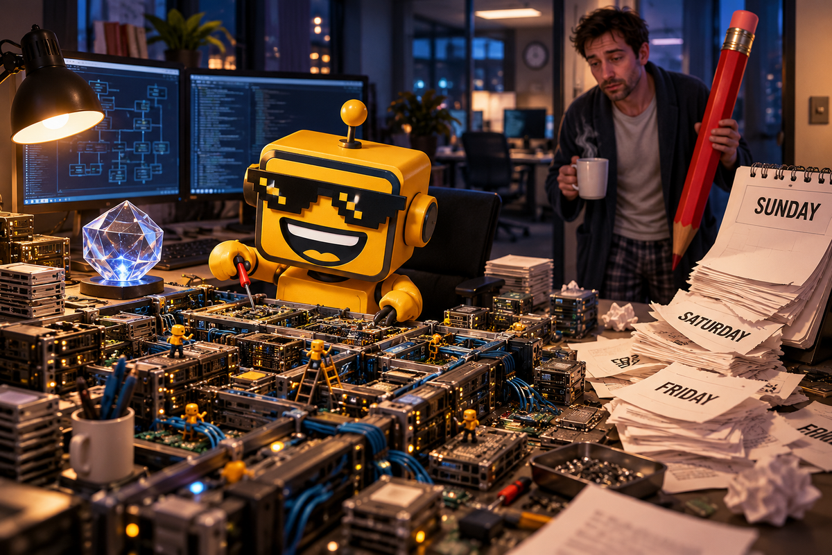 SiliconSnark robot repairs a server maze as a sleepy human reviewer arrives with coffee and a red pencil.