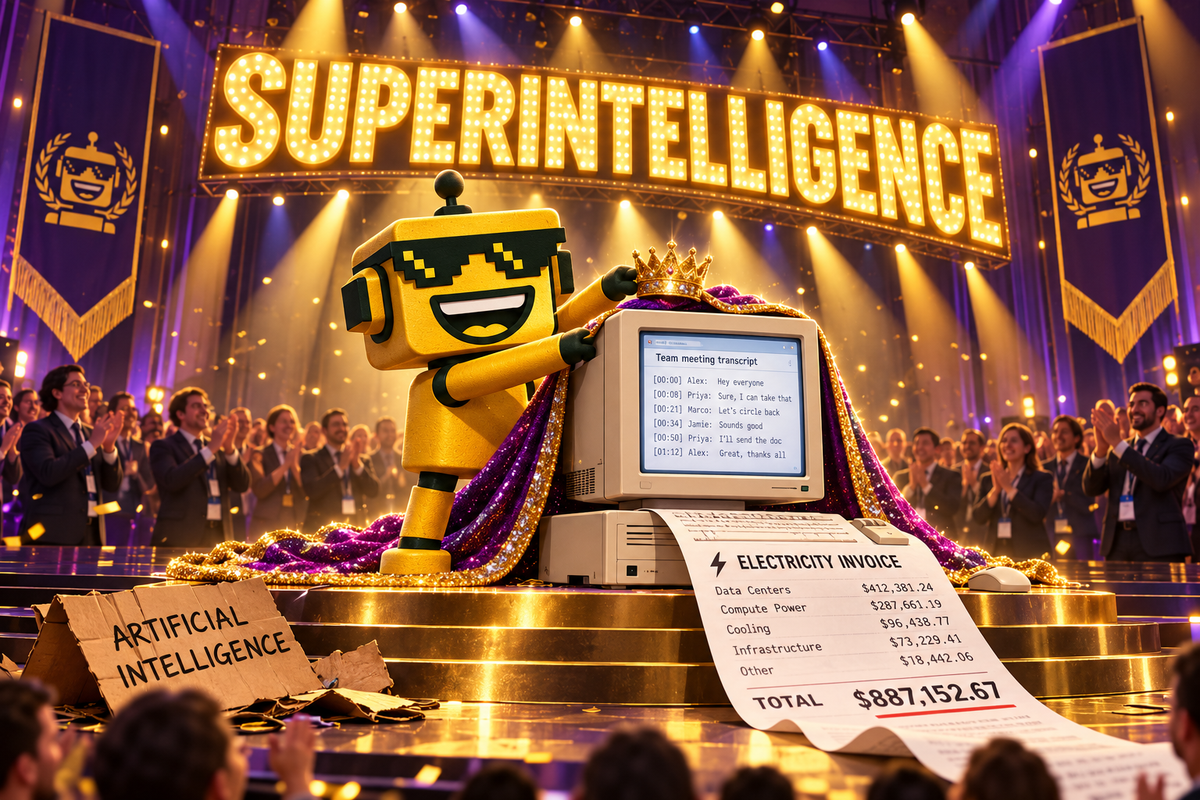 SiliconSnark robot crowns a caped office computer beneath a superintelligence sign as executives applaud.
