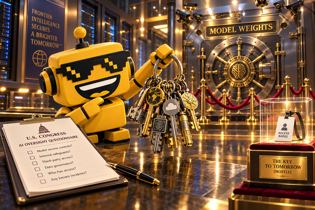 SiliconSnark robot checks access keys beside an AI model vault and a congressional questionnaire.