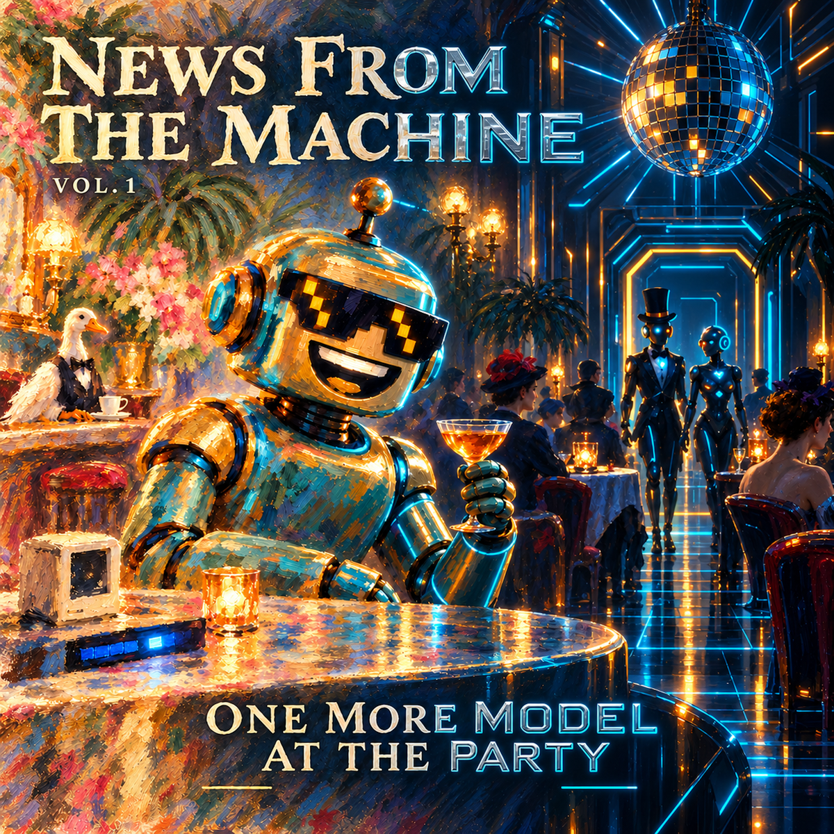SiliconSnark sips a cocktail a party, with robots entering in the background