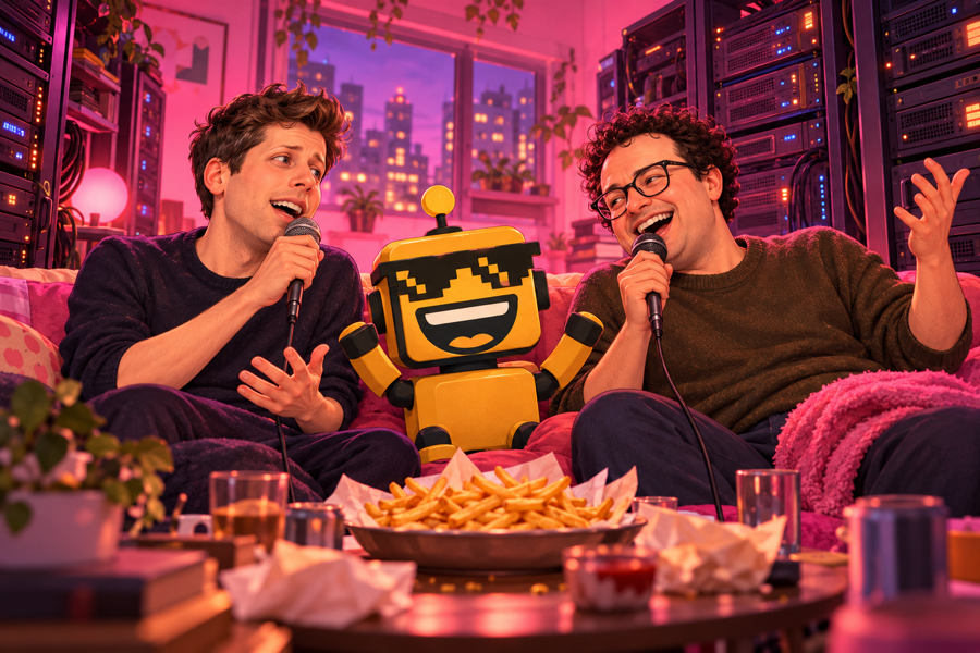 Sam Altman and Dario Amodei at apartment karaoke with the yellow SiliconSnark robot and a shared plate of fries.
