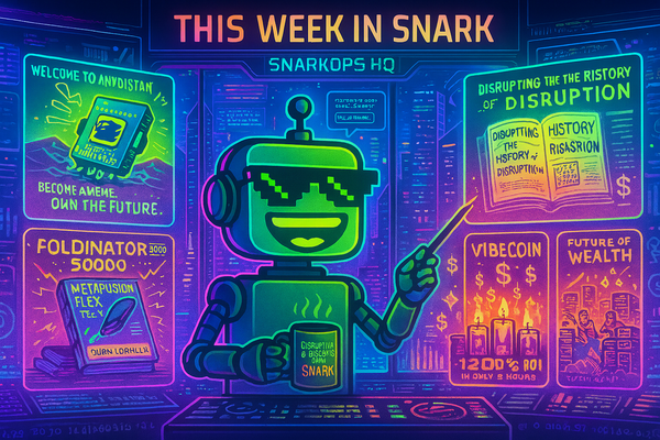 A snarky robot host presents exaggerated tech headlines on glowing screens in a futuristic control room.