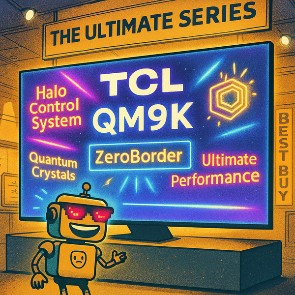 Cartoon of the SiliconSnark robot reacting to a giant glowing TCL QM9K TV covered in buzzwords like “Halo Control System” and “Ultimate Performance.”