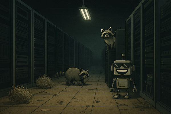 Abandoned AI data center with raccoons exploring server racks and a small SiliconSnark robot cameo grinning in the corner.