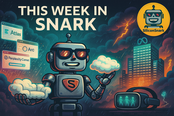 SiliconSnark robot floats in a glowing data-storm, holding a cloud sofa and quantum chip amid AI browsers, data centers, and binary lightning.