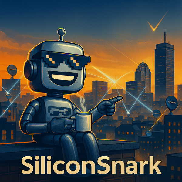 SiliconSnark robot overlooking Boston skyline with Starry antennas glowing across rooftops, symbolizing Verizon’s acquisition and the rebirth of Boston tech optimism.