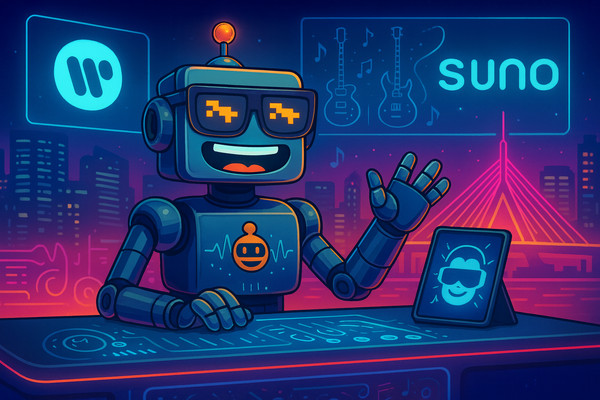SiliconSnark robot DJing at a neon music console with Warner and Suno logos over a Boston skyline.