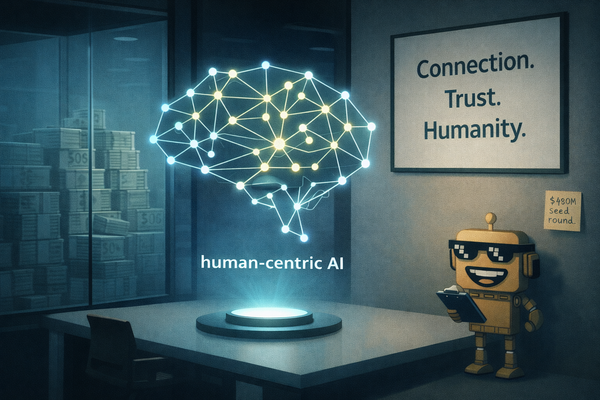 SiliconSnark robot observes a “human-centric AI” office quietly hiding a $480M seed round behind minimalist startup branding.