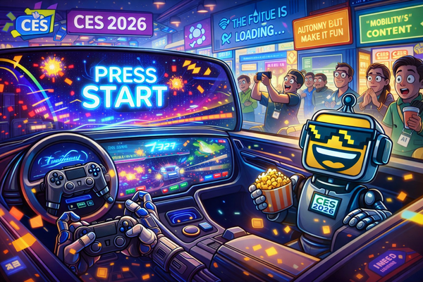 Cartoon SiliconSnark robot laughs at CES 2026 beside a PlayStation-powered autonomous car with a giant “Press Start” screen and stunned attendees.