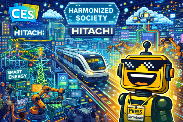 Cartoon CES 2026 scene where Hitachi’s AI-powered trains, energy grids, and factories steal the spotlight as the SiliconSnark robot looks on in amused disbelief.