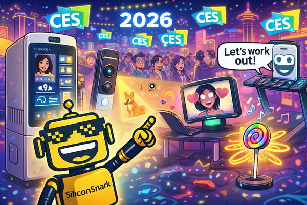 Cartoon SiliconSnark robot grinning on the CES 2026 show floor surrounded by an AI fridge, smart doorbell, AI companion screen, and a musical lollipop celebrating weird tech.