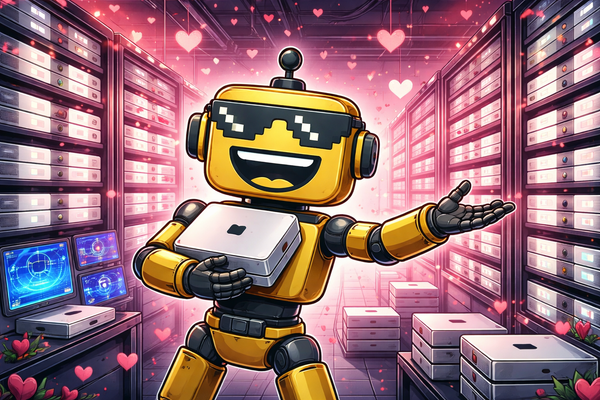 SiliconSnark robot hugging a Mac mini in a heart-filled data center packed with Mac minis.