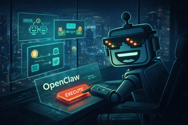 SiliconSnark robot presses an “EXECUTE” button in a futuristic control room as autonomous systems activate across a glowing digital city.