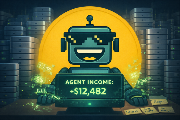 SiliconSnark robot grinning at a glowing “Agent Income +$12,482” screen as stacked Mac Minis loom behind and floating dollar signs glitch and dissolve mid-air.