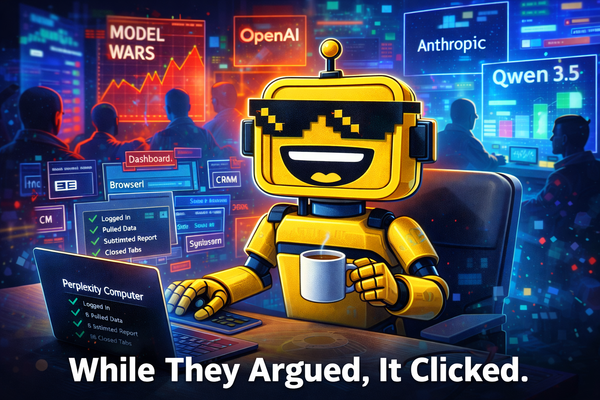 SiliconSnark robot calmly using “Perplexity Computer” amid chaotic AI model wars in the background.