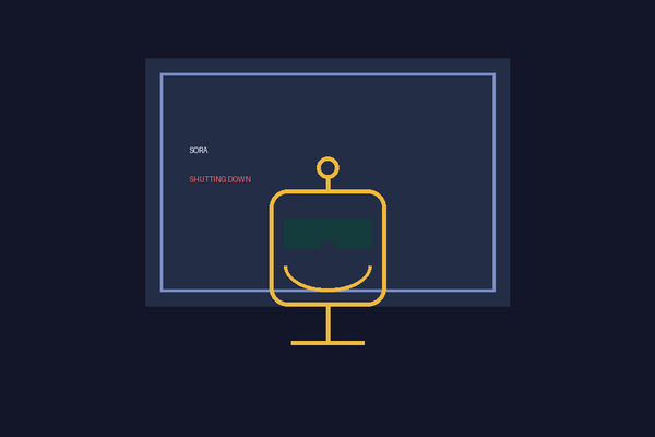 SiliconSnark robot slumped at a glowing screen as Sora shuts down, surrounded by chaotic AI video scenes