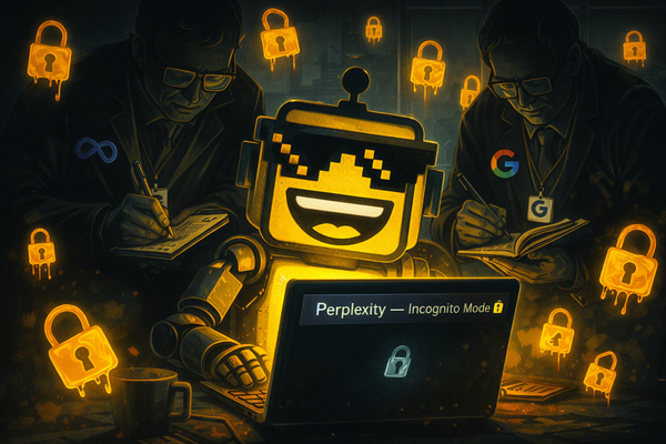 The SiliconSnark robot types in a Perplexity Incognito Mode chat window while shadowy figures representing Meta and Google read over its shoulder and take notes.