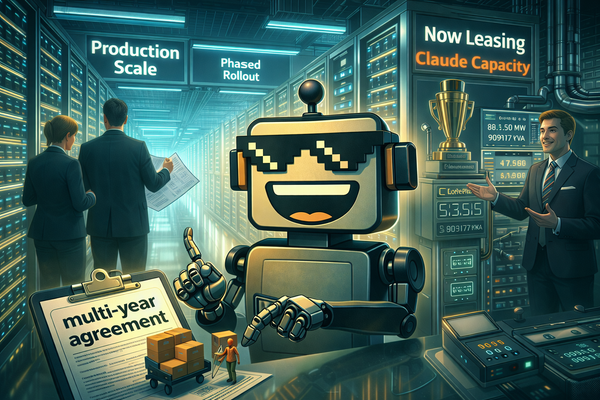 SiliconSnark robot inspects a glossy AI data center leasing office where GPU racks are marketed like luxury apartments and “Claude capacity” is rented on multi-year contracts.