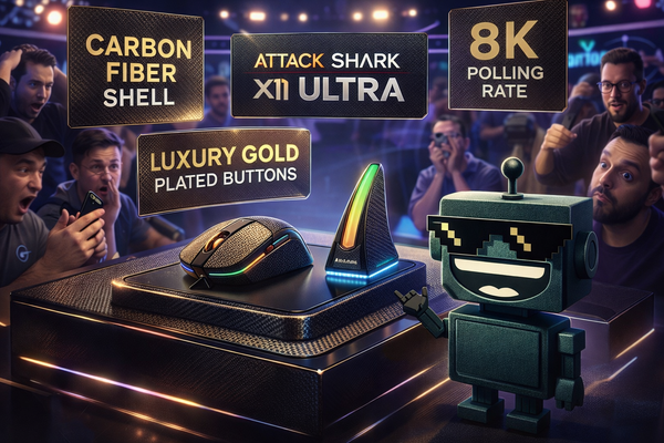 SiliconSnark’s robot eyes a carbon-fiber ATTACK SHARK gaming mouse on a theatrical launch pedestal.